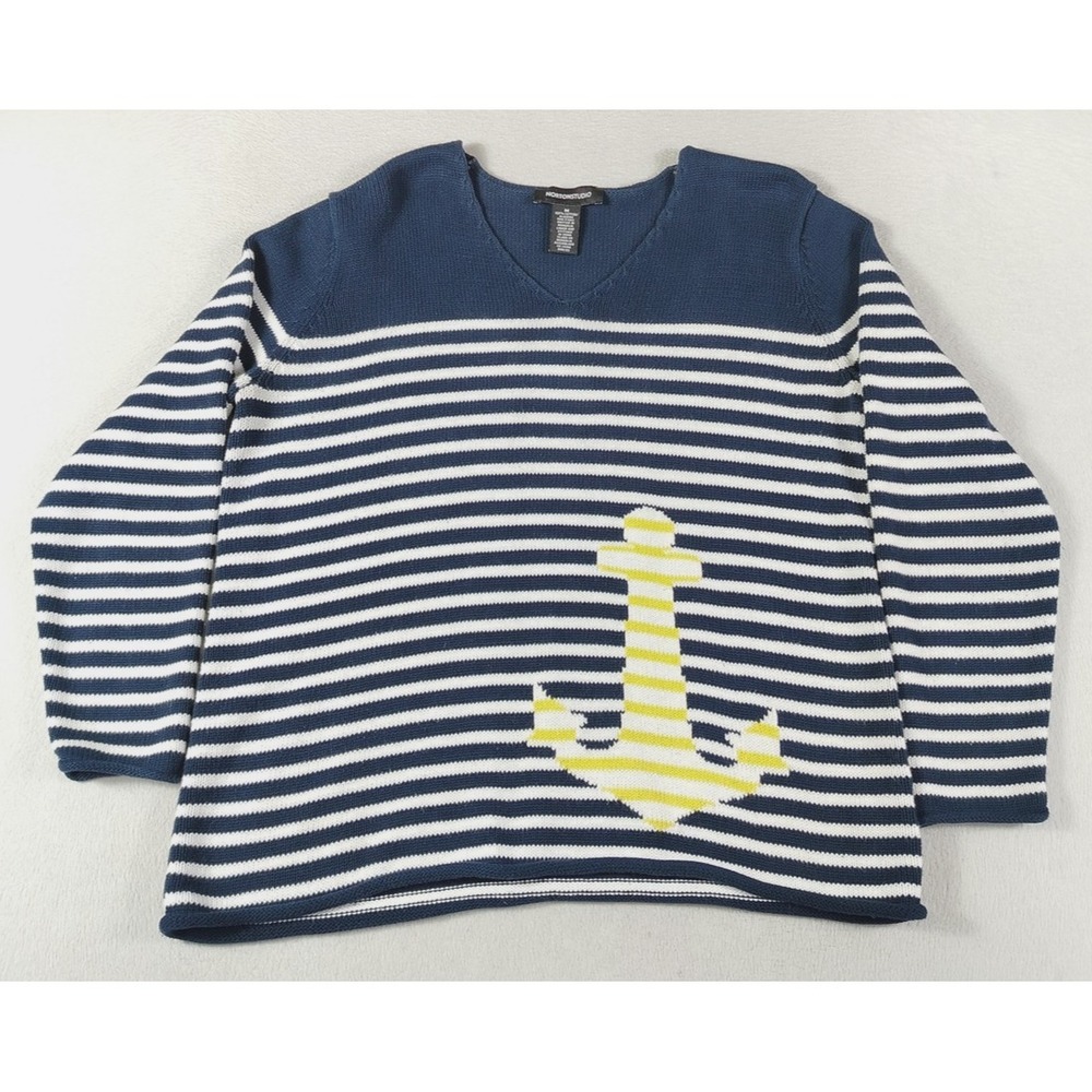 Norton Studio Sweater Womens Medium Blue Striped Anchor Nautical Knit Pullover